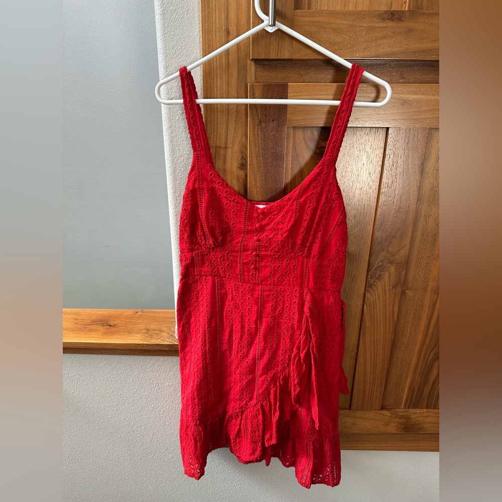 All in Favor Red Eyelet Dress with Embroidered Detail
